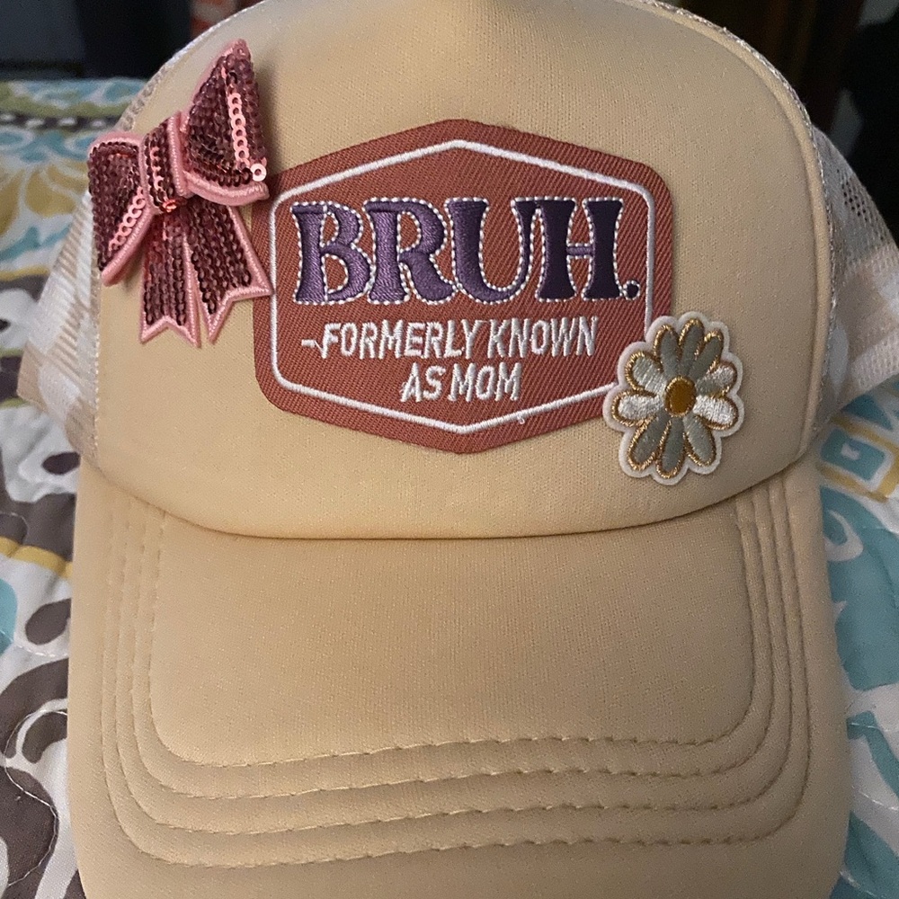 Trucker Patch Hat “Bruh Formerly Known As Mom” Tan w/Pink Bow and Flower